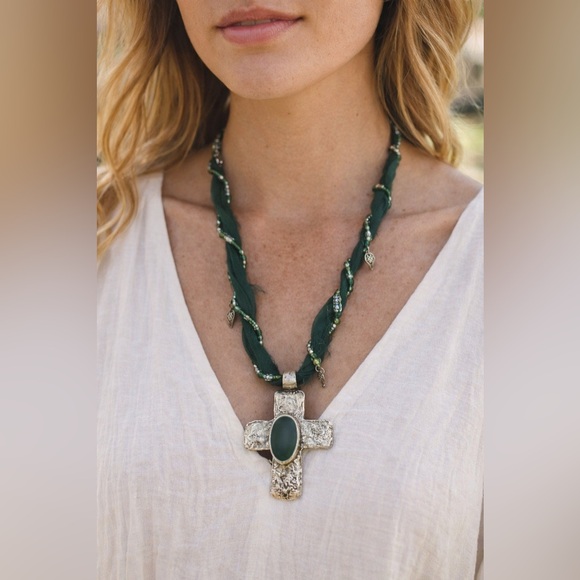 Free People Jewelry - NWT Free People Boho Green Beaded Cross Pendant Long Ribbon Necklace